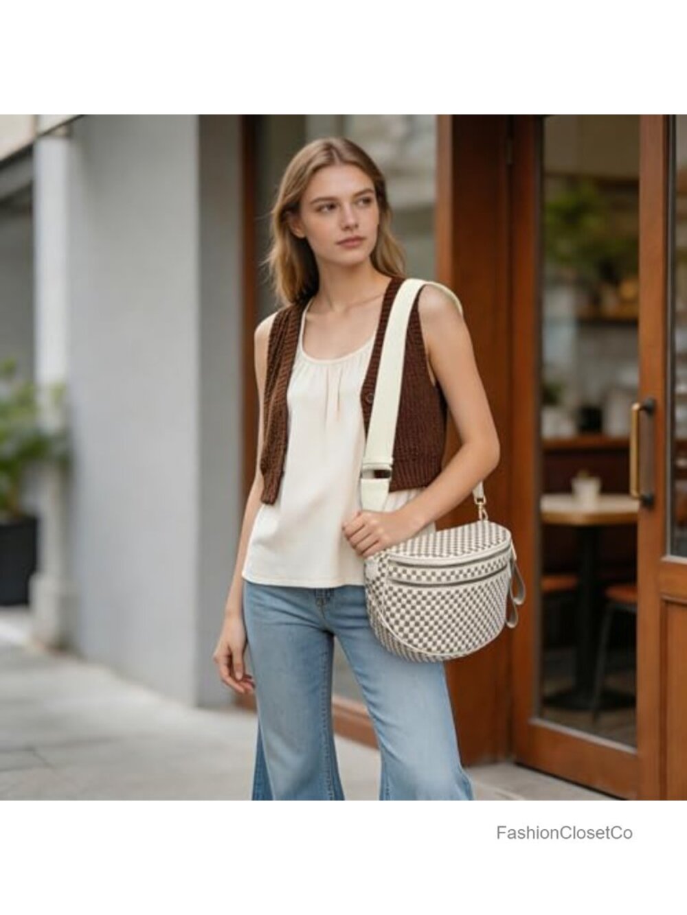 Checkered Woven Vegan Leather Double Zip Sling Purse Fanny Pack Belt Bag - Picture 2 of 6